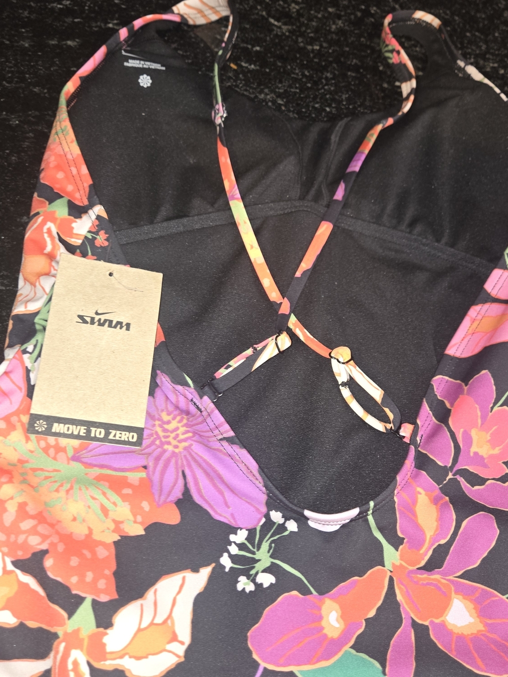 Nike Women's Black Floral One-Piece Swimsuit with Orange, Pink & Purple Flowers - Picture 7 of 8